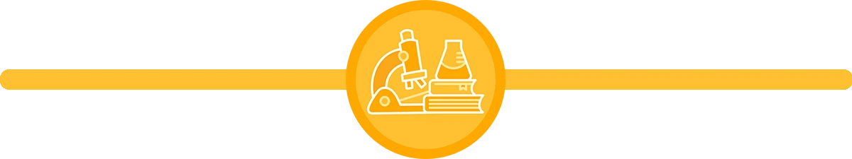 Round yellow icon featuring white lineart of a microscope, books, and a beaker with a wide yellow line in the background