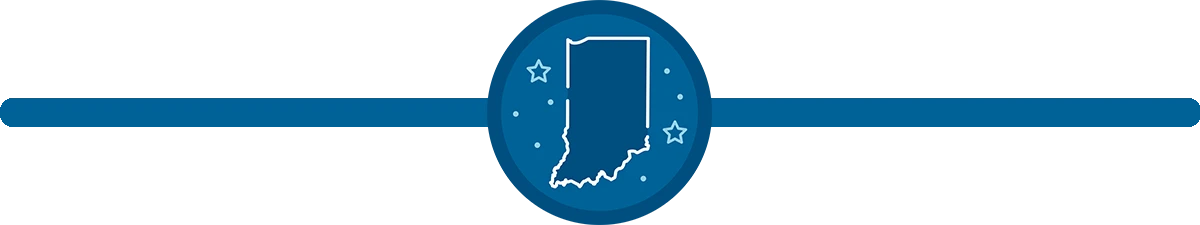 Round blue icon with white lineart of the state of Indiana surrounded by stars with a wide blue line in the background