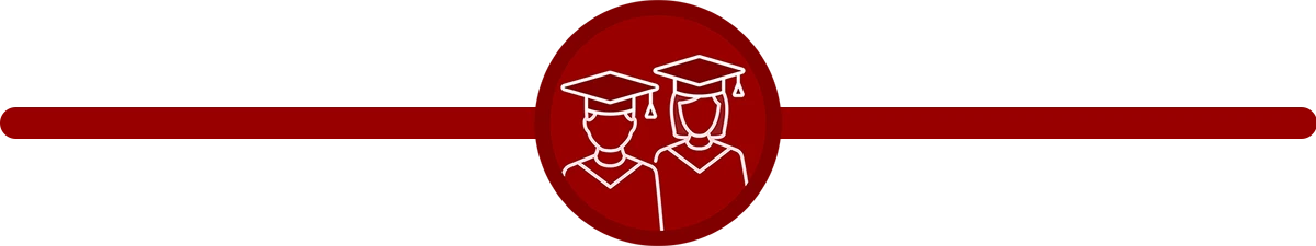 Round red icon featuring white line art of college graduates on top of a wide red line